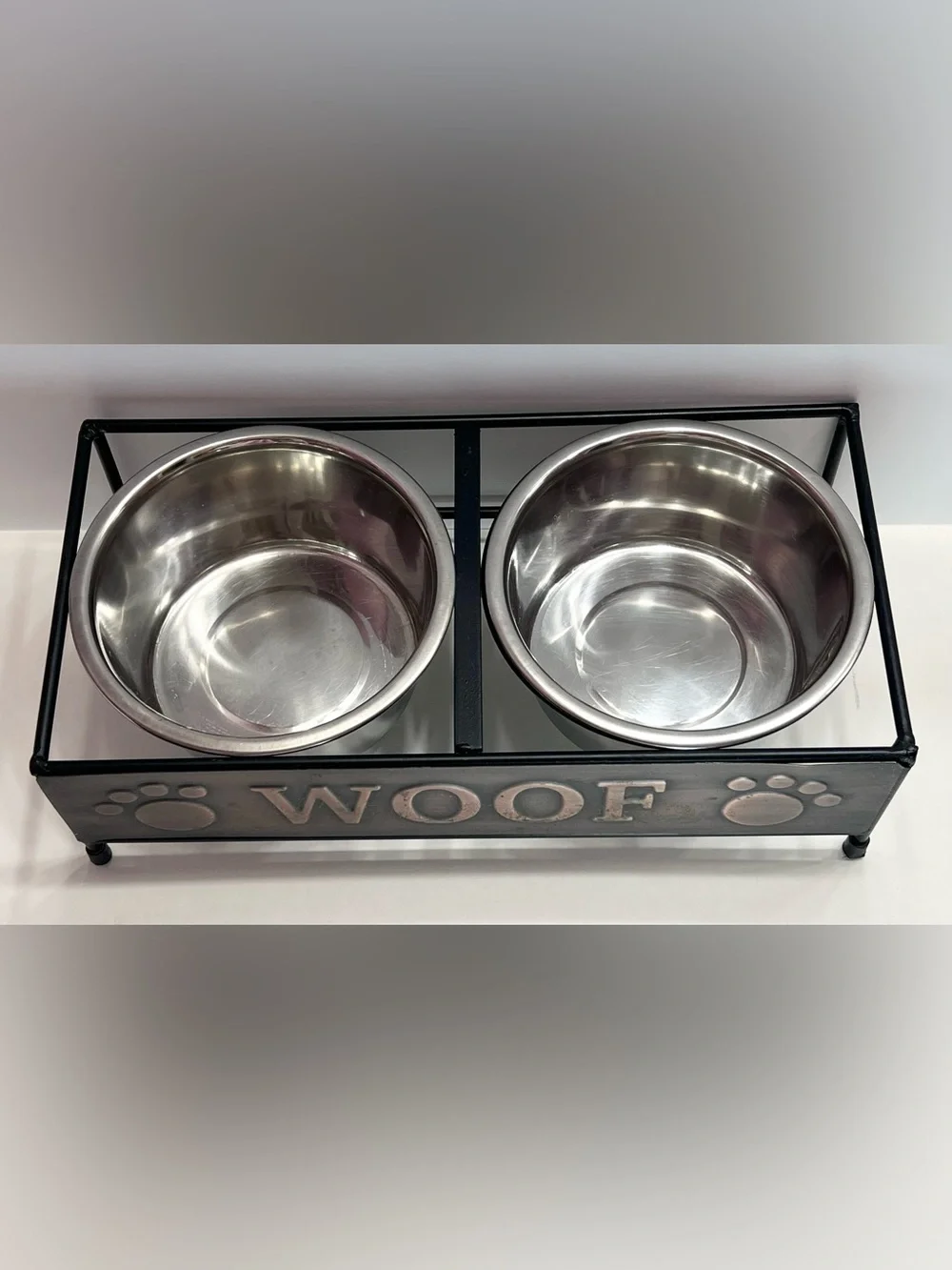 Elevated Double Dog Bowls and Stand with 'WOOF' Raised Letterings